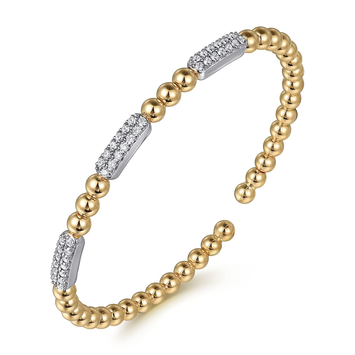 14K White And Yellow Gold Diamond Pave Three Station Bar Bujukan Beads