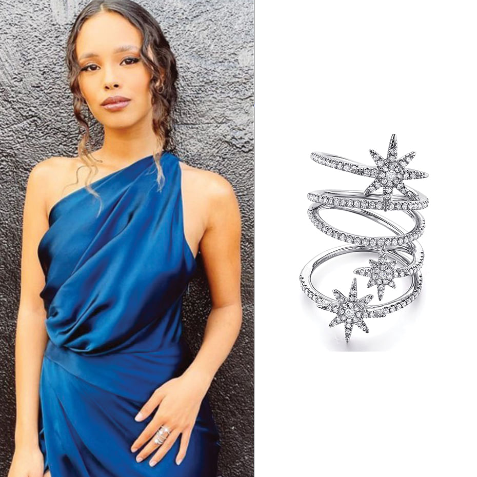 June 2021 Actress Alisha Boe wearing Gabriel & Co’s 14K White Gold Wide Open Diamond Band and Star Station Statement Ring 