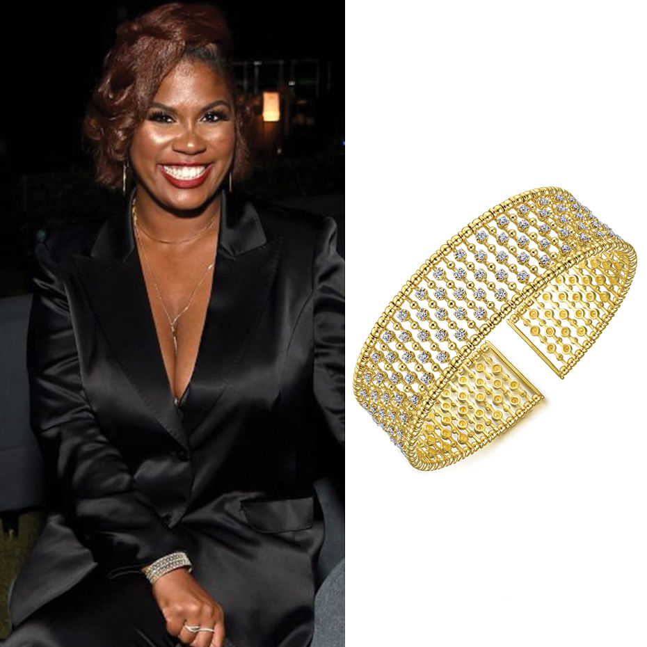 June 2021 Actress Candace Nicholas Lippman wearing Gabriel & Co’s 14K Yellow Gold Bujukan Bead Cuff Bracelet with Diamond Stations