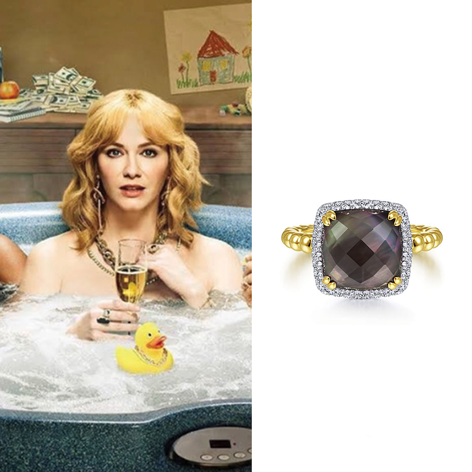 February 2021 Actress Christina Hendricks wearing Gabriel & Co.’s 14K Yellow Gold, Diamond, and Black Mother of Pearl Cushion Bujukan Ring in promo photos for the new season of her hit show, Good Girls. She looks great!