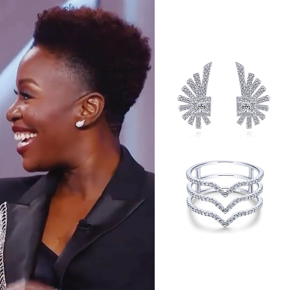 January 2021 Actress Folake Olowofoyeku wearing Gabriel & Co.’s Wide Band Ring and Diamond Studs during her recent appearance on The Kelly Clarkson Show