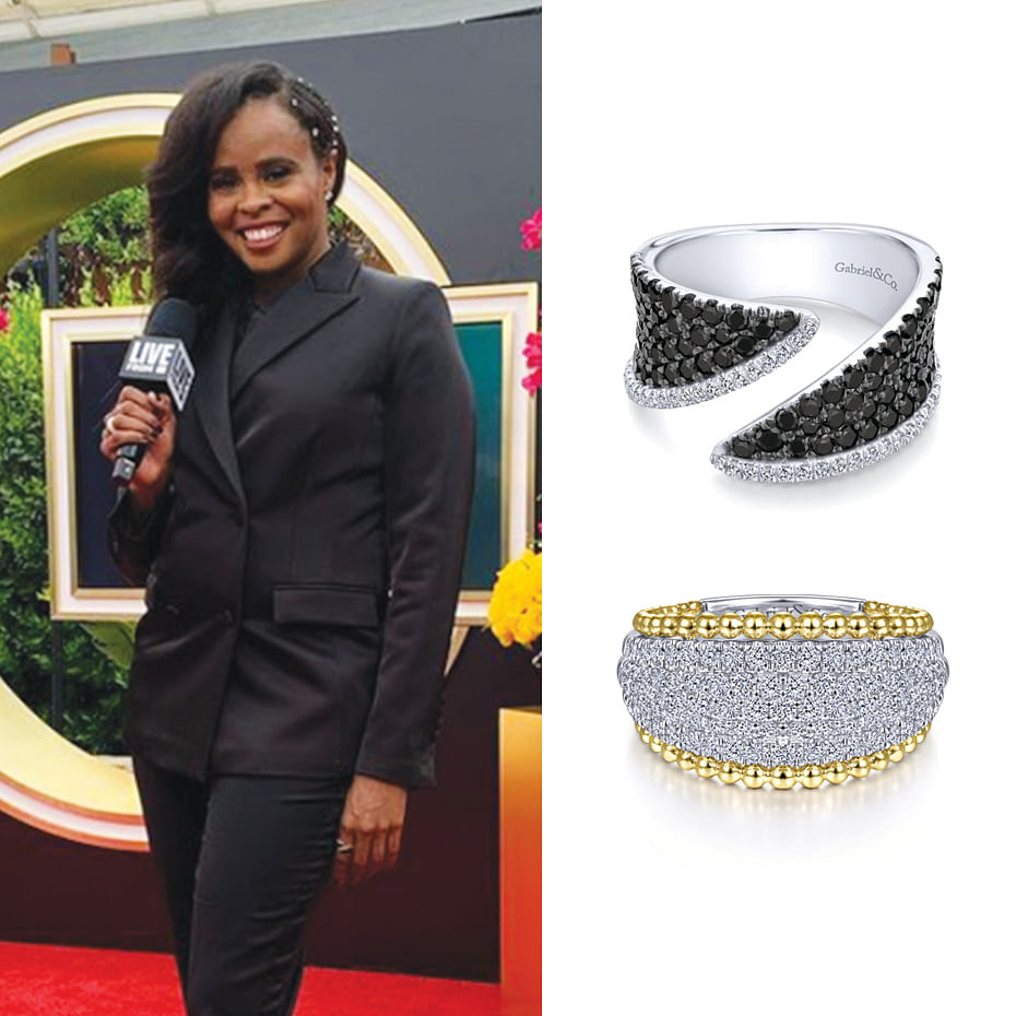March 2021 Jacqueline Coley, Editor and E! Live From The Red Carpet Correspondent wearing Gabriel & Co’s rings for the 93rd Academy Awards 