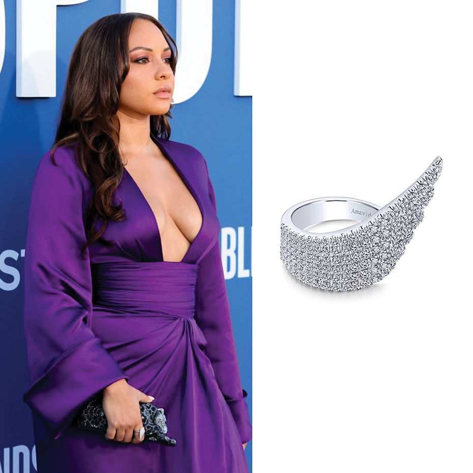 June 2021 Actress Jasmine Cephas Jones wearing Gabriel & Co’s 14K White Gold And Diamond Angel Wing Ring