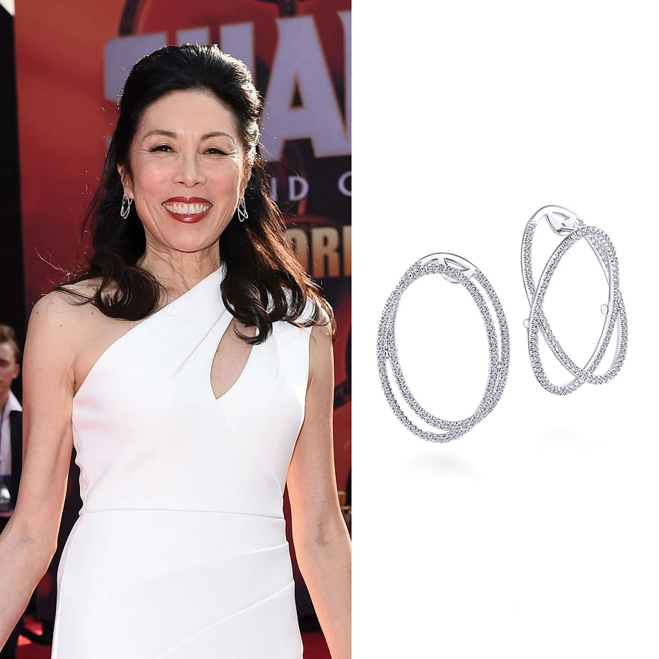 August 2021 Actress Jodi Long wearing Gabriel & Co.’s 14K White Gold Double Layered 35mm Diamond Intricate Hoop Earrings