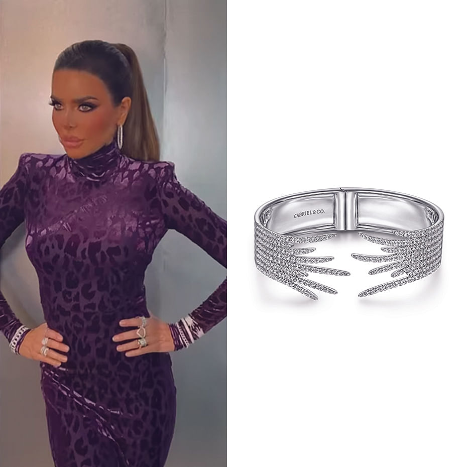 August 2021 Real Housewives of Beverly Hills star, Lisa Rinna wearing Gabriel & Co.’s Split 18K White Gold Fan Diamond Bangle