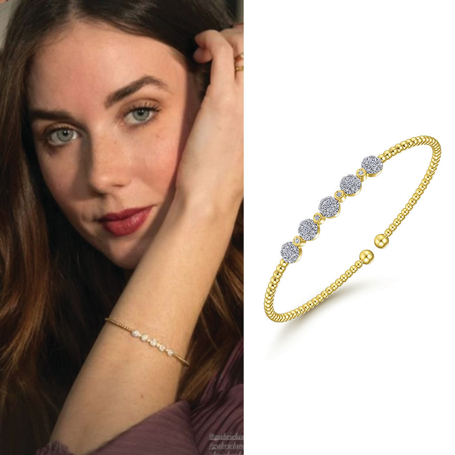 March 2021 Influencer Lyndon Smith posting Gabriel & Co’s 14K Yellow Gold Bujukan Cuff Bracelet with Pavé Diamond Cluster Stations on both her Instagram story and feed