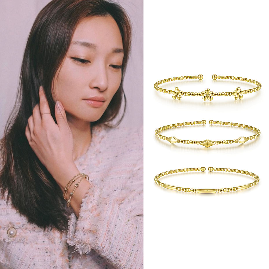 March 2021 Qianwen Chen sharing her Gabriel & Co.’s gold Bujukan cuffs on Instagram