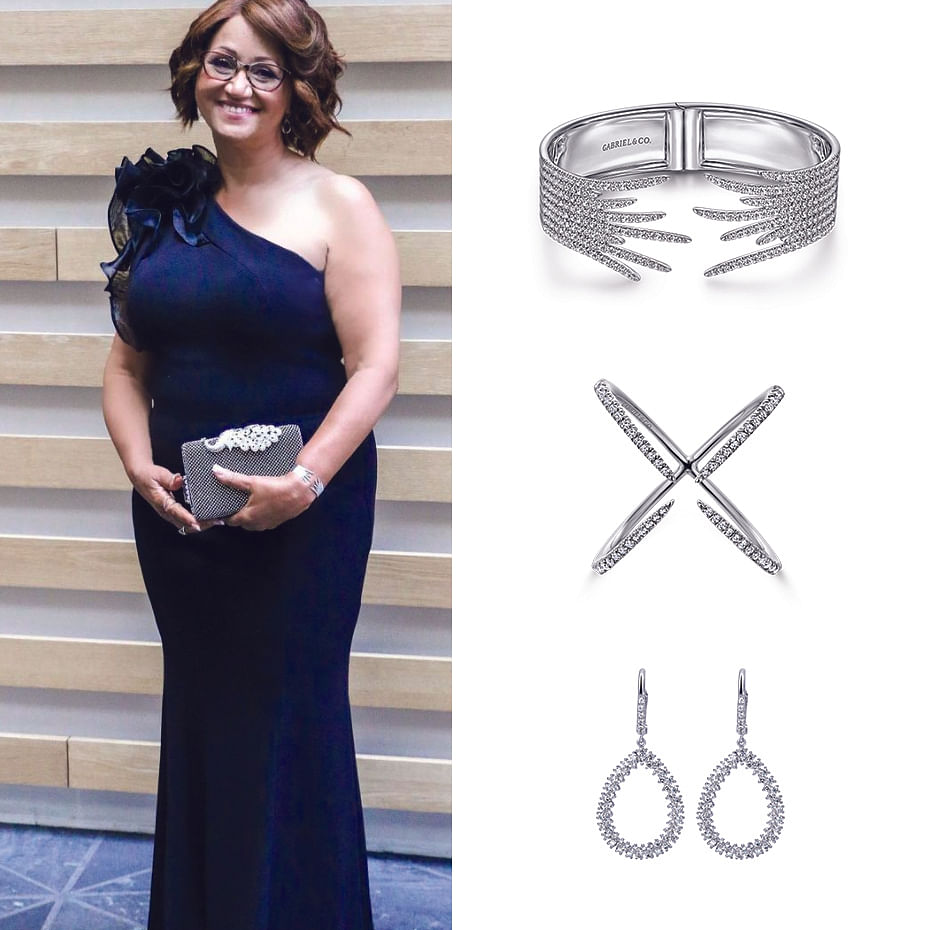 August 2021 Saundra Hayward, mother to Outstanding Writer Emmy nominee, Chuck Hayward III wearing Gabriel & Co’s jewelries for the 73rd Annual Emmy Awards