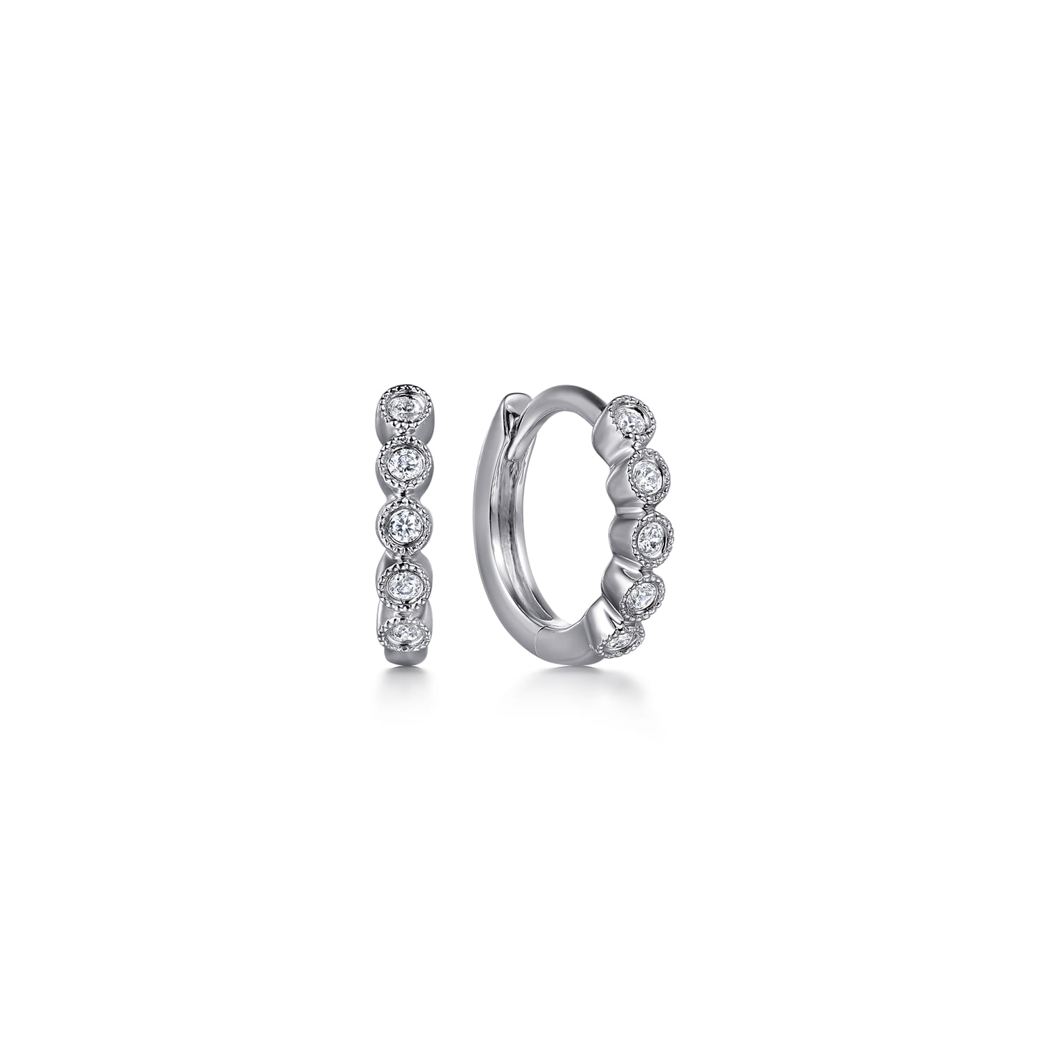 10mm 14K White Gold Diamond Bezel Setting Huggie Earrings - 0.06 ct - Shot 1