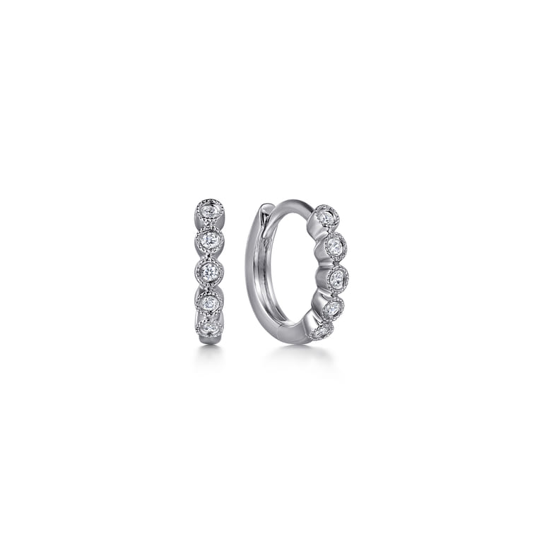 10mm 14K White Gold Diamond Bezel Setting Huggie Earrings - 0.06 ct - Shot 1