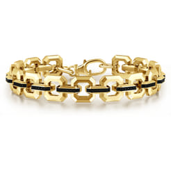 10mm 14k Yellow Gold Men's Hollow Link Chain Tennis Bracelet with Black Spinel Connectors