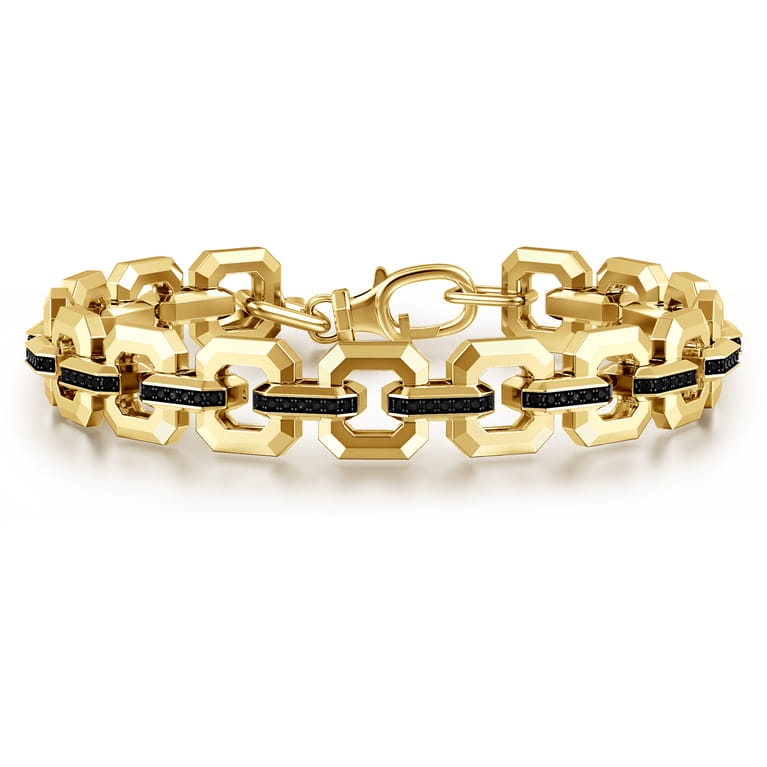 10mm 14k Yellow Gold Men's Hollow Link Chain Tennis Bracelet with Black Spinel Connectors - Shot 1