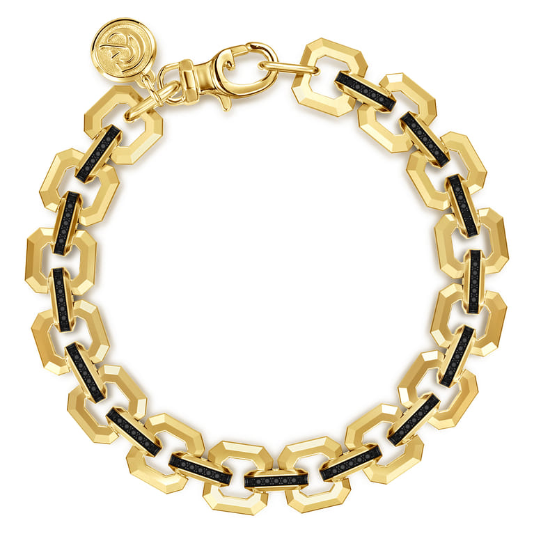 10mm 14k Yellow Gold Men's Hollow Link Chain Tennis Bracelet with Black Spinel Connectors - Shot 3