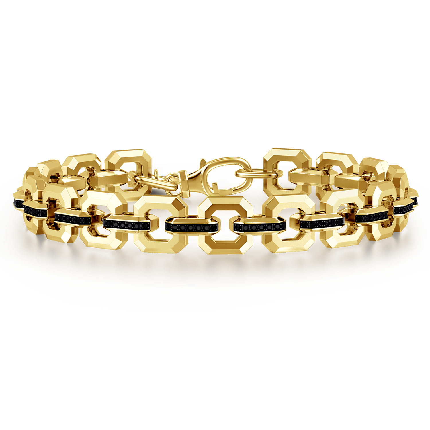 10mm 14k Yellow Gold Men's Hollow Link Chain Tennis Bracelet with Black Spinel Connectors - Shot 1