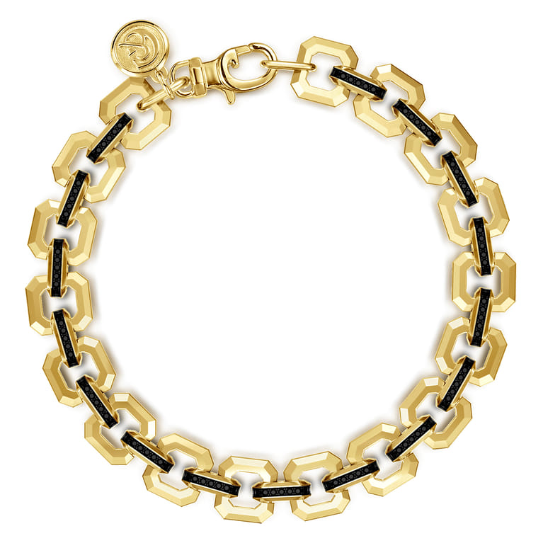10mm 14k Yellow Gold Men's Hollow Link Chain Tennis Bracelet with Black Spinel Connectors - Shot 3