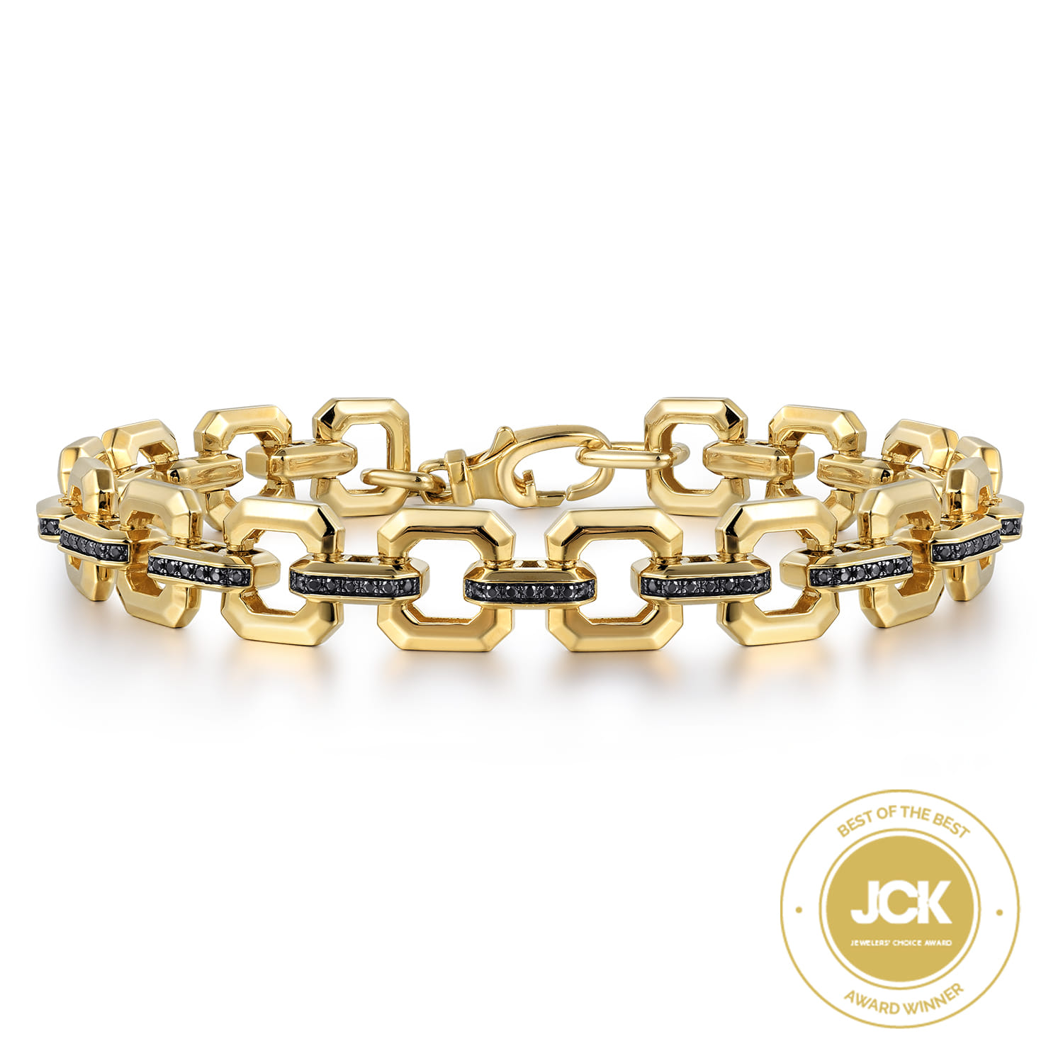 10mm 14k Yellow Gold Men's Hollow Link Chain Tennis Bracelet with Black Spinel Connectors - Shot 1