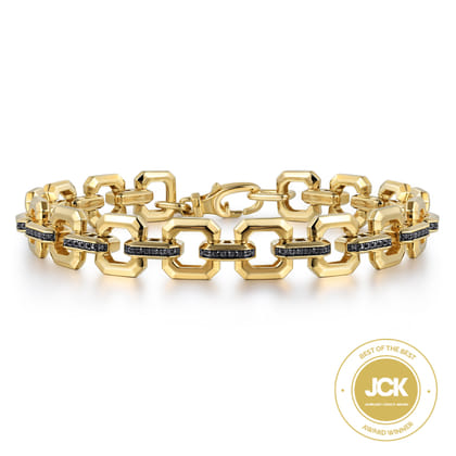 10mm 14k Yellow Gold Men's Hollow Link Chain Tennis Bracelet with Black Spinel Connectors