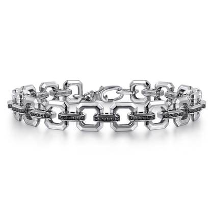 10mm 925 Sterling Silver Men's Hollow Link Chain Bracelet With Black Spinel Connectors