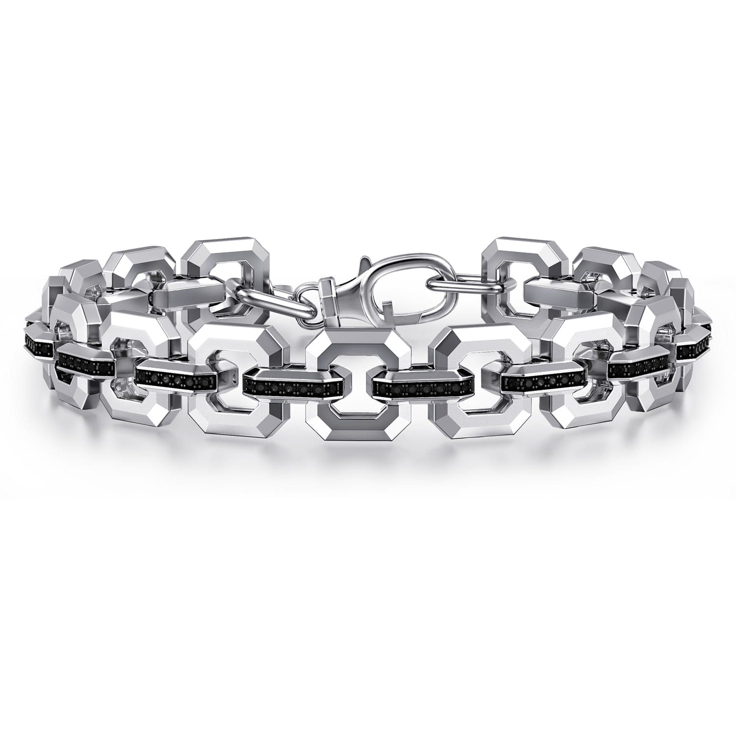 10mm 925 Sterling Silver Men's Hollow Link Chain Tennis Bracelet with Black Spinel Connectors - Shot 1