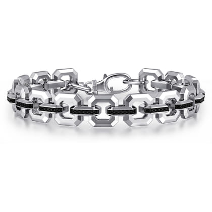 10mm 925 Sterling Silver Men's Hollow Link Chain Tennis Bracelet with Black Spinel Connectors