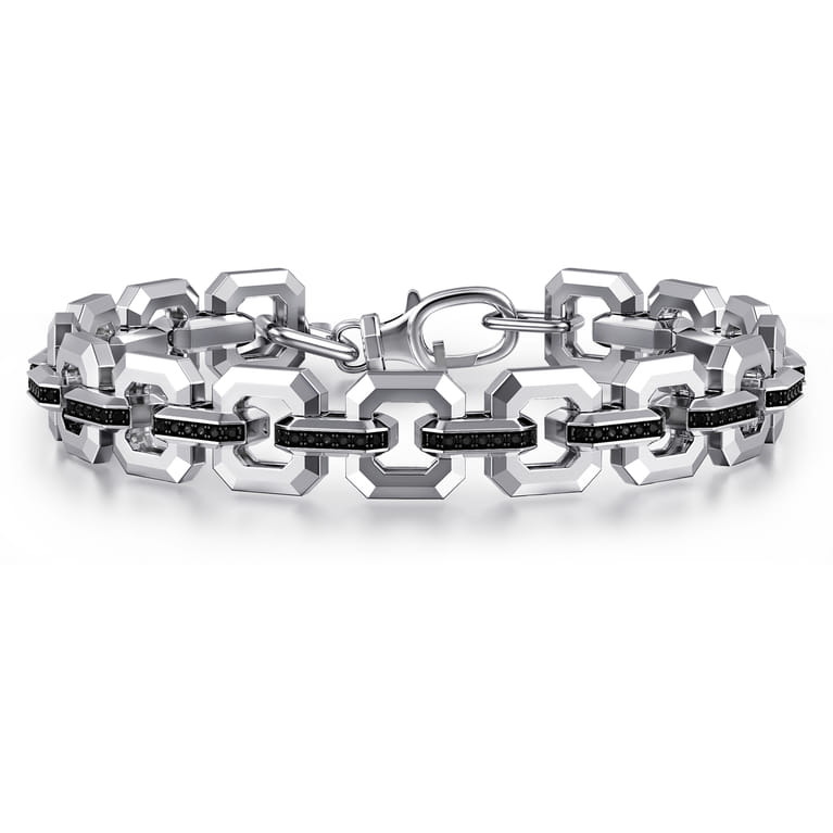10mm 925 Sterling Silver Men's Hollow Link Chain Tennis Bracelet with Black Spinel Connectors - Shot 1