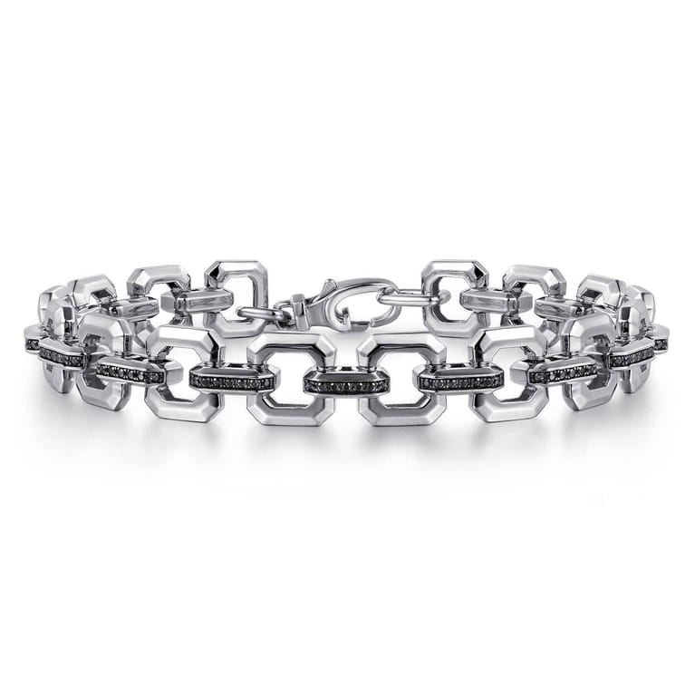 10mm 925 Sterling Silver Men's Hollow Link Chain Tennis Bracelet with Black Spinel Connectors - Shot 1