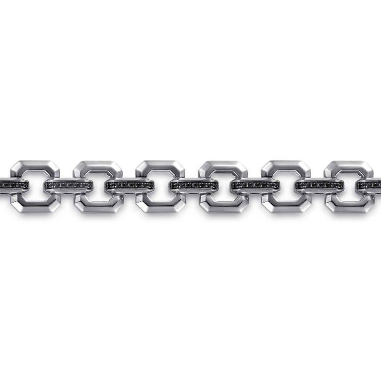 10mm 925 Sterling Silver Men's Hollow Link Chain Tennis Bracelet with Black Spinel Connectors - Shot 2