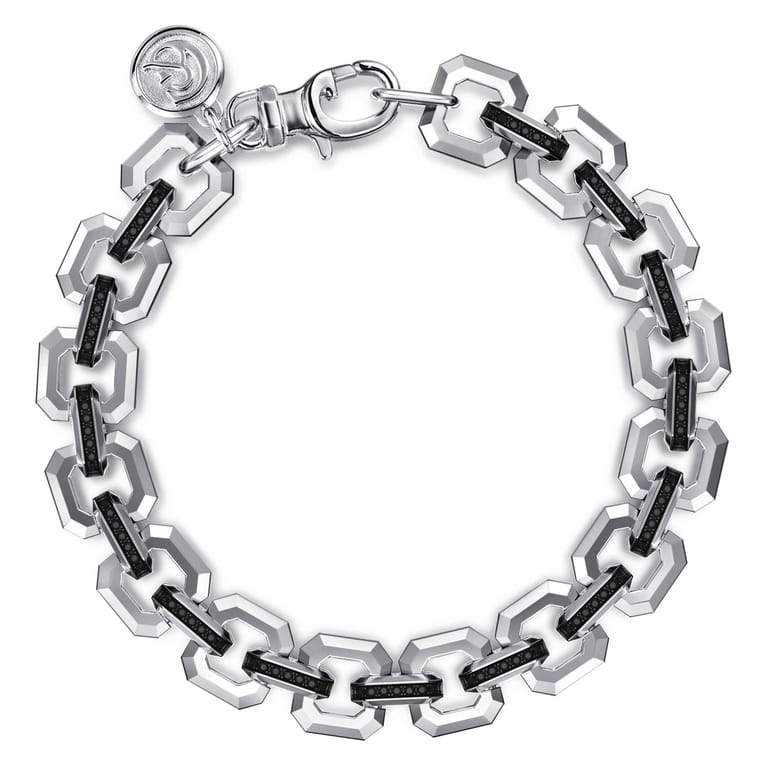 10mm 925 Sterling Silver Men's Hollow Link Chain Tennis Bracelet with Black Spinel Connectors - Shot 3