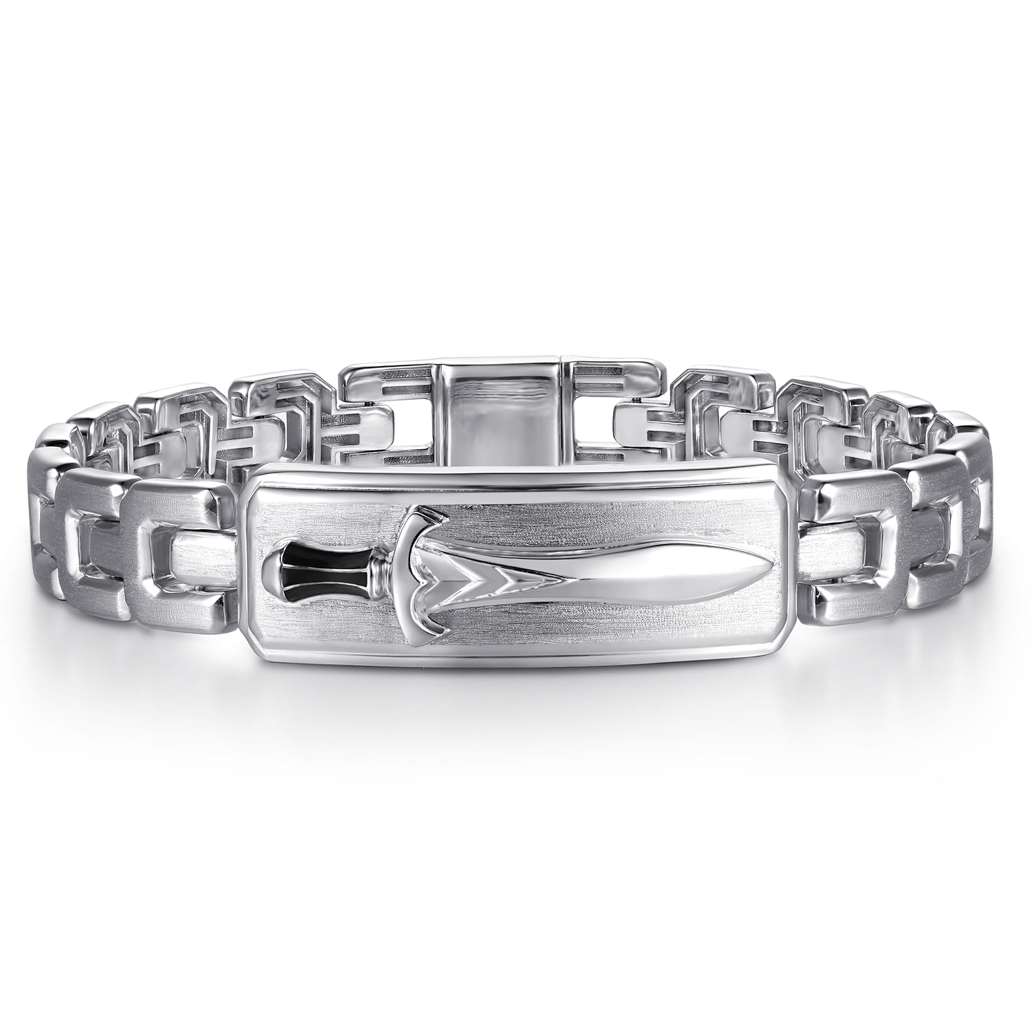 10mm 925 Sterling Silver Solid Herringbone Chain Men's Bracelet With Dagger ID - Shot 1