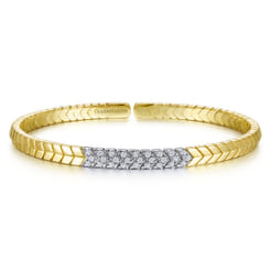 14 Yellow Gold Chevron Cuff Bracelet with White Gold Diamond Pave Station