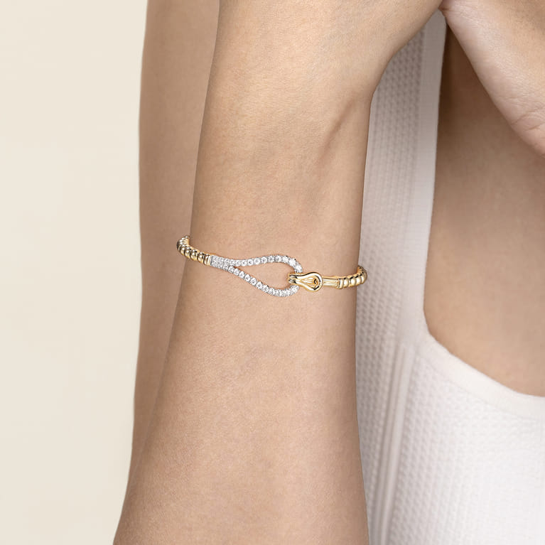 14K Mix of White and Yellow Gold Diamond Stirrup Bujukan Bangle - 1 ct - Shot 4