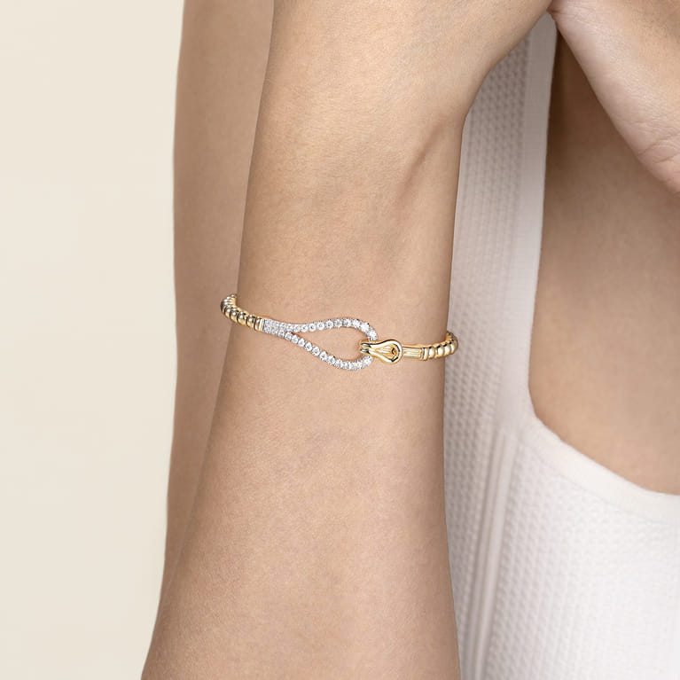 14K Mix of White and Yellow Gold Diamond Stirrup Bujukan Bangle - 1 ct - Shot 4