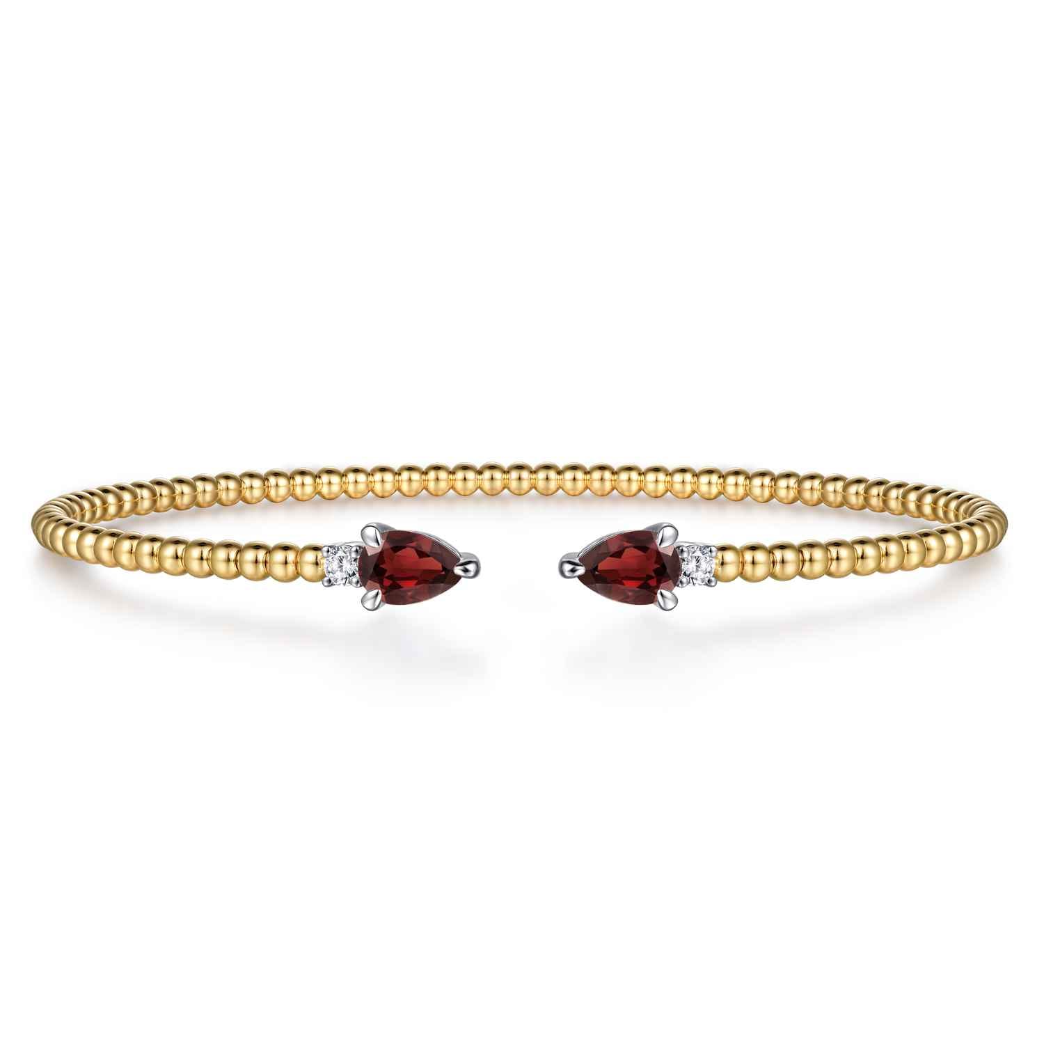 14K Mix of White and Yellow Gold Diamond and Garnet Bangle - 0.09 ct - Shot 1
