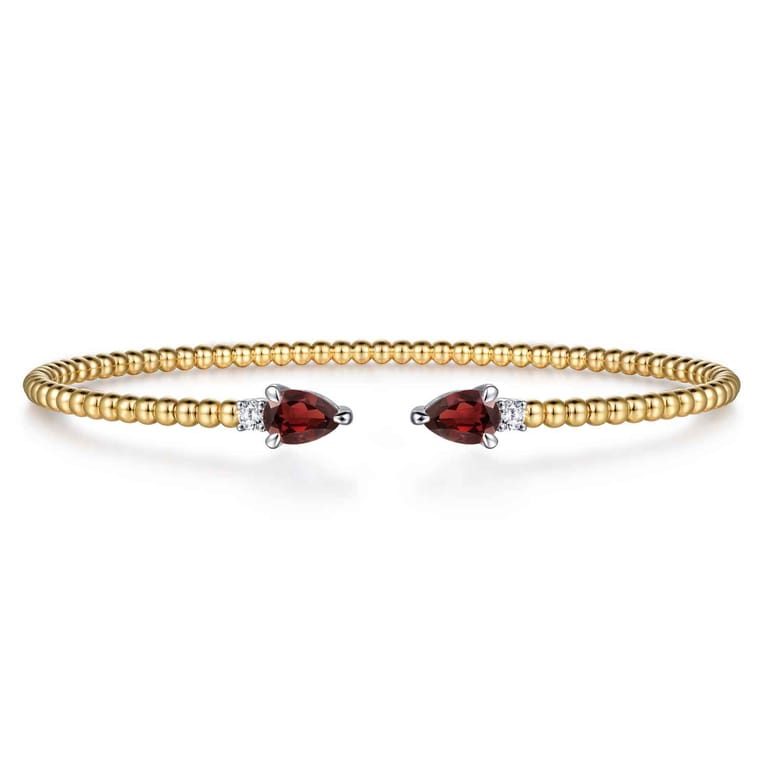 14K Mix of White and Yellow Gold Diamond and Garnet Bangle - 0.09 ct - Shot 1