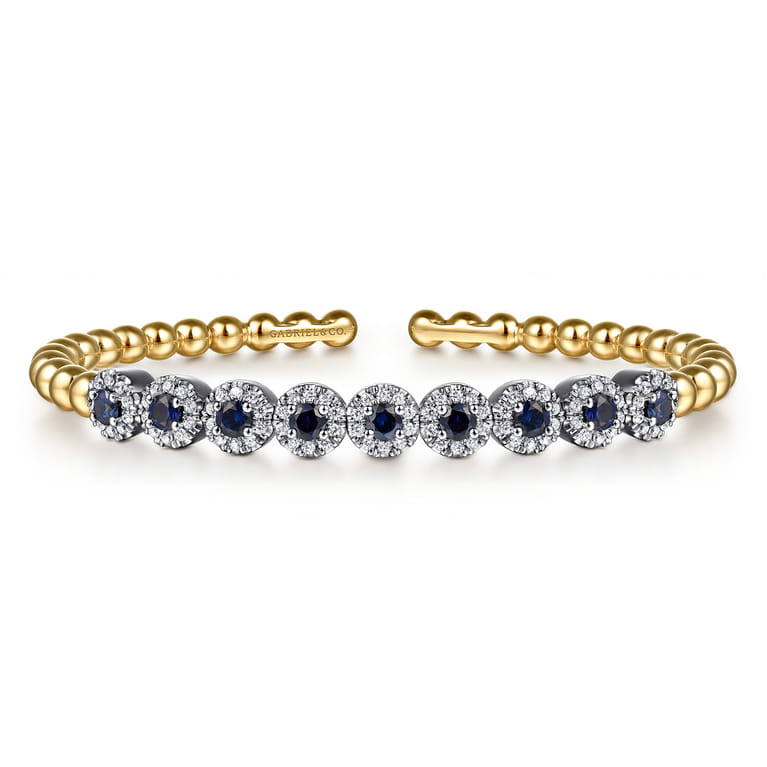14K Mix of White and Yellow Gold Diamond and Sapphire Bangle - 0.54 ct - Shot 1