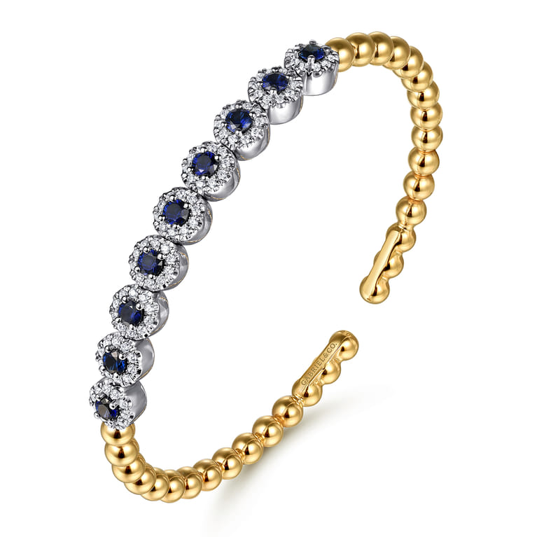 14K Mix of White and Yellow Gold Diamond and Sapphire Bangle - 0.54 ct - Shot 2
