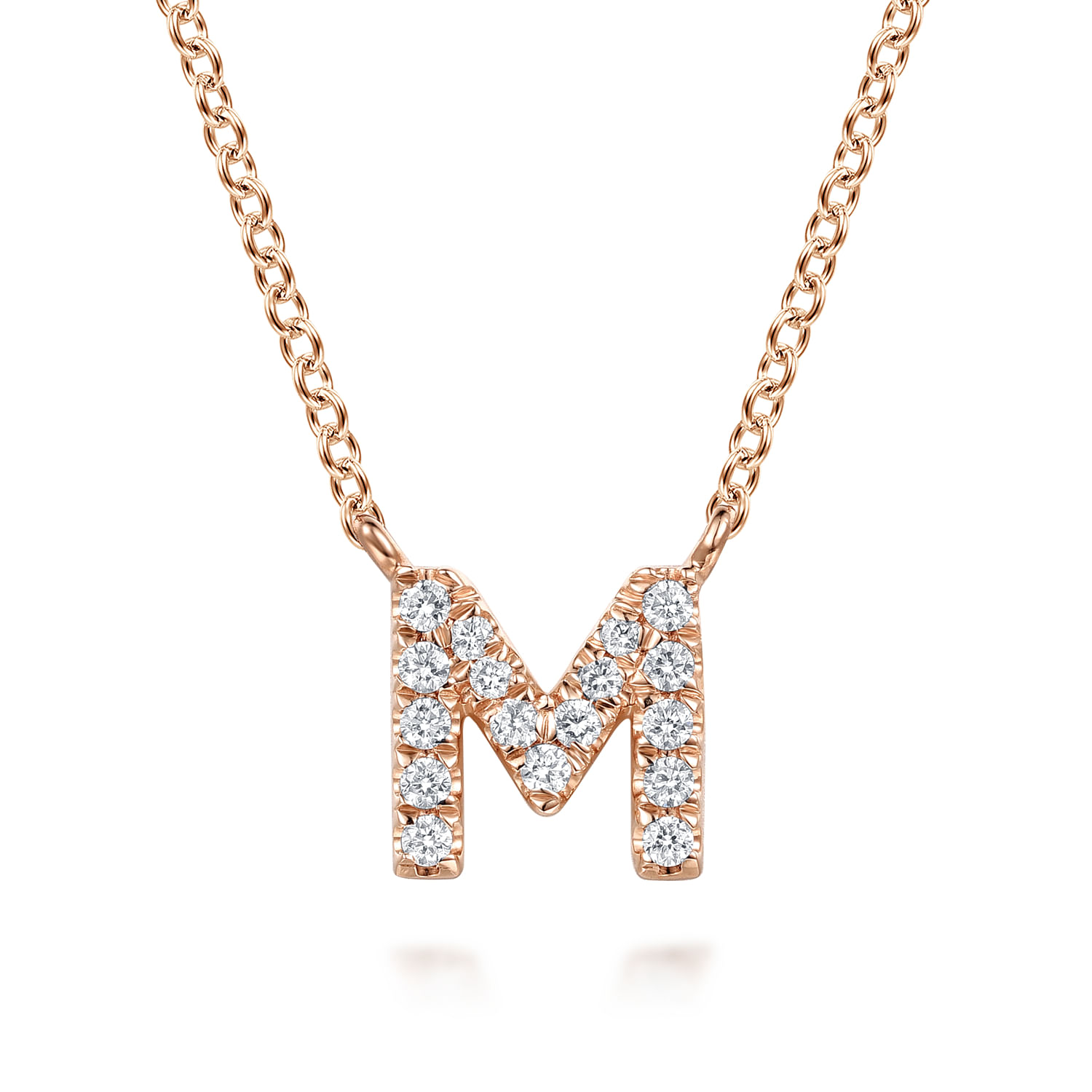 14K Pink Gold Diamond M Initial Pendant Necklace