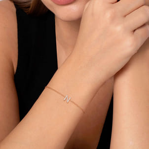 14K Pink Gold Diamond N Initial Chain Bracelet