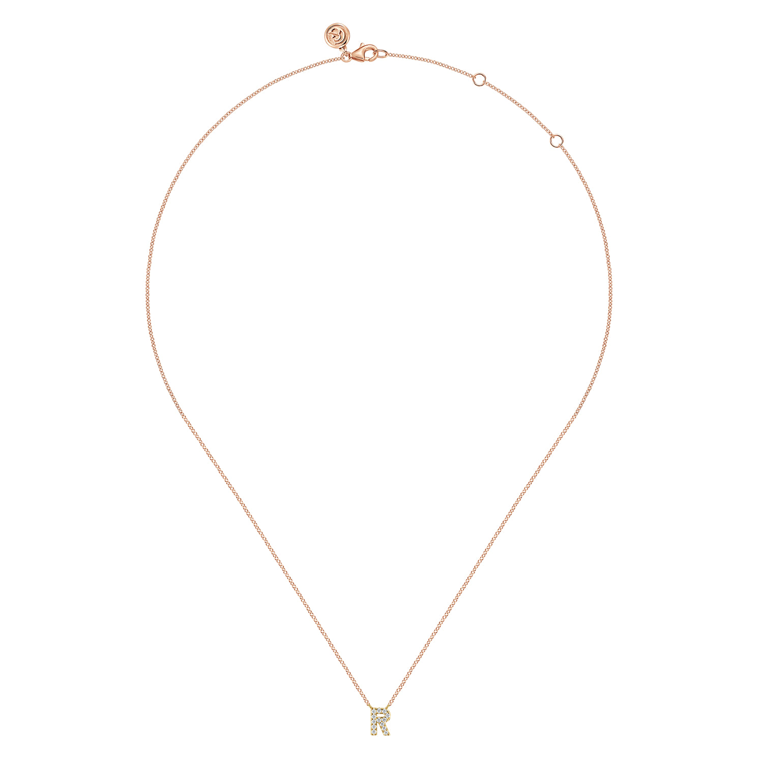 14K Pink Gold Diamond R Initial Pendant Necklace - 0.08 ct - Shot 2