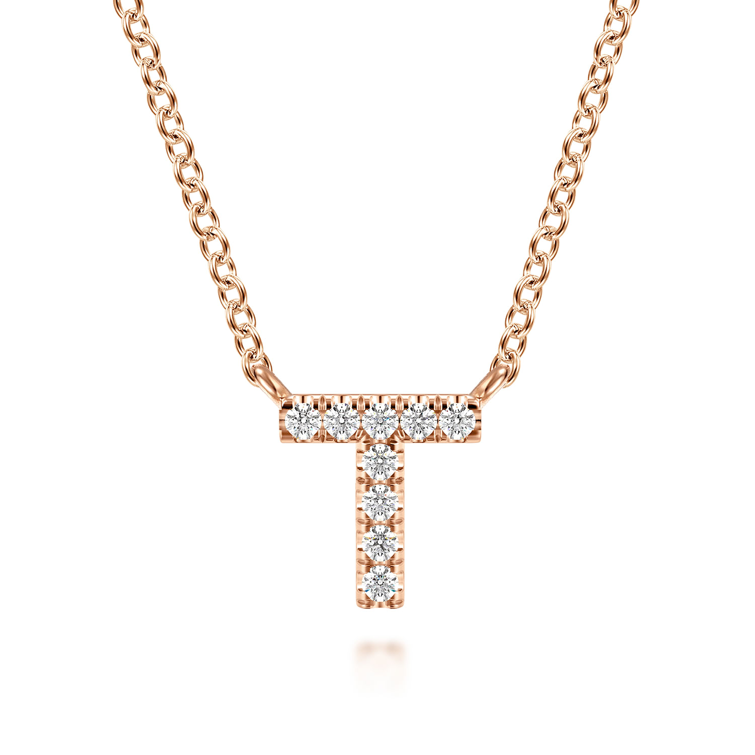 14K Pink Gold Diamond T Initial Pendant Necklace