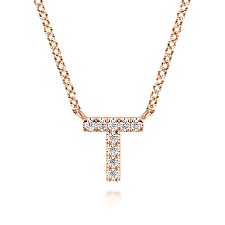 14K Pink Gold Diamond T Initial Pendant Necklace - 0.05 ct - Shot 1