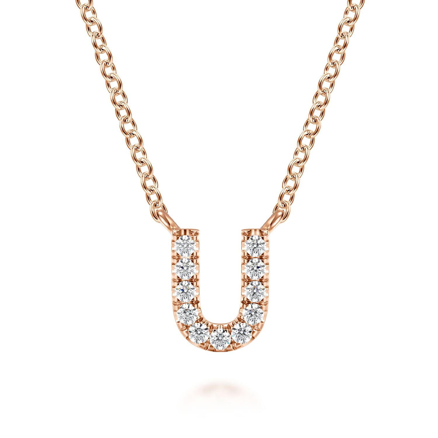 14K Pink Gold Diamond U Initial Pendant Necklace