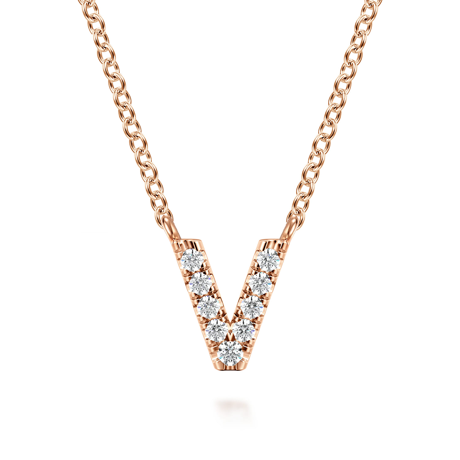 14K Pink Gold Diamond V Initial Pendant Necklace - 0.06 ct - Shot 1