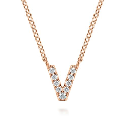 14K Pink Gold Diamond V Initial Pendant Necklace