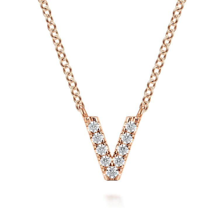 14K Pink Gold Diamond V Initial Pendant Necklace - 0.06 ct - Shot 1