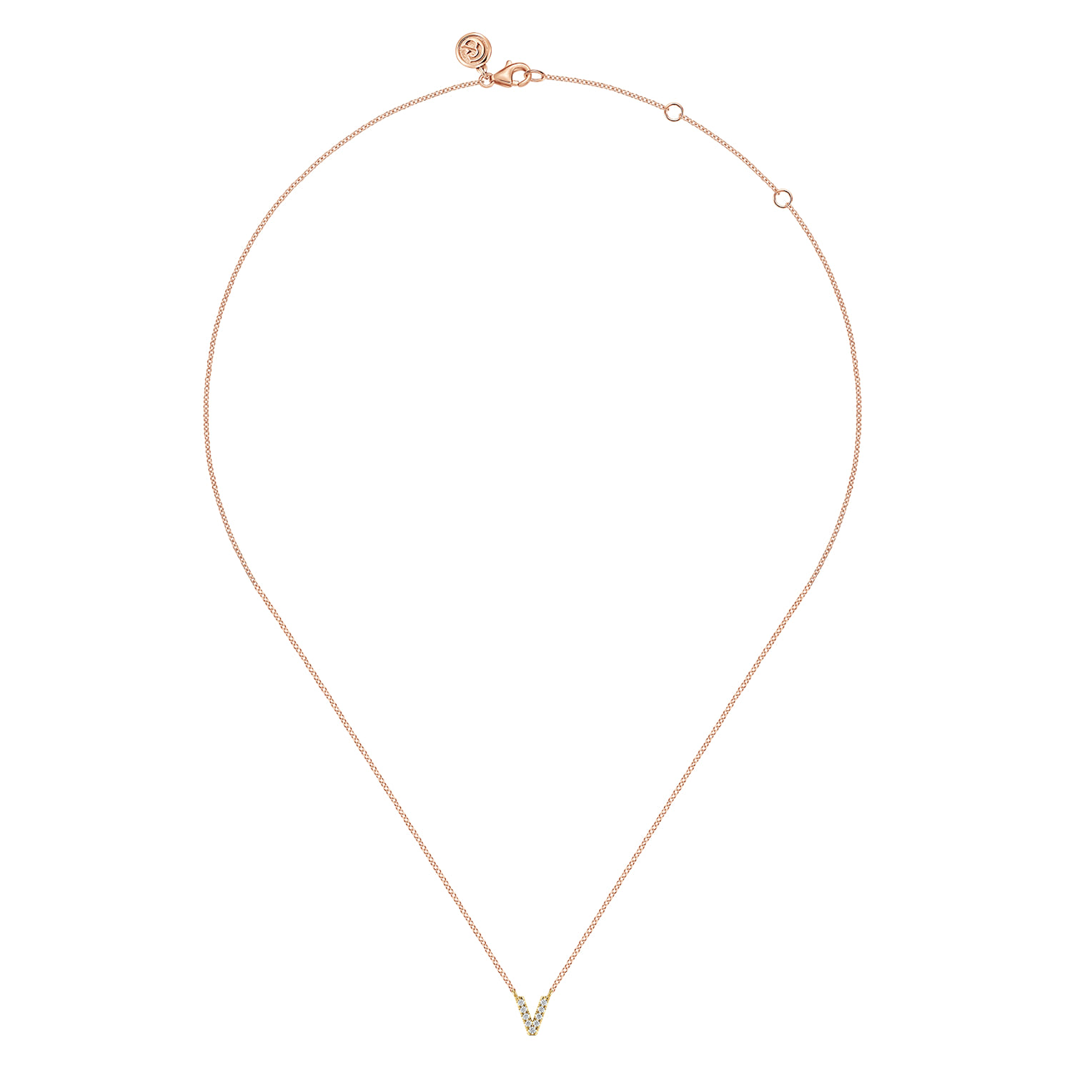 14K Pink Gold Diamond V Initial Pendant Necklace - 0.06 ct - Shot 2