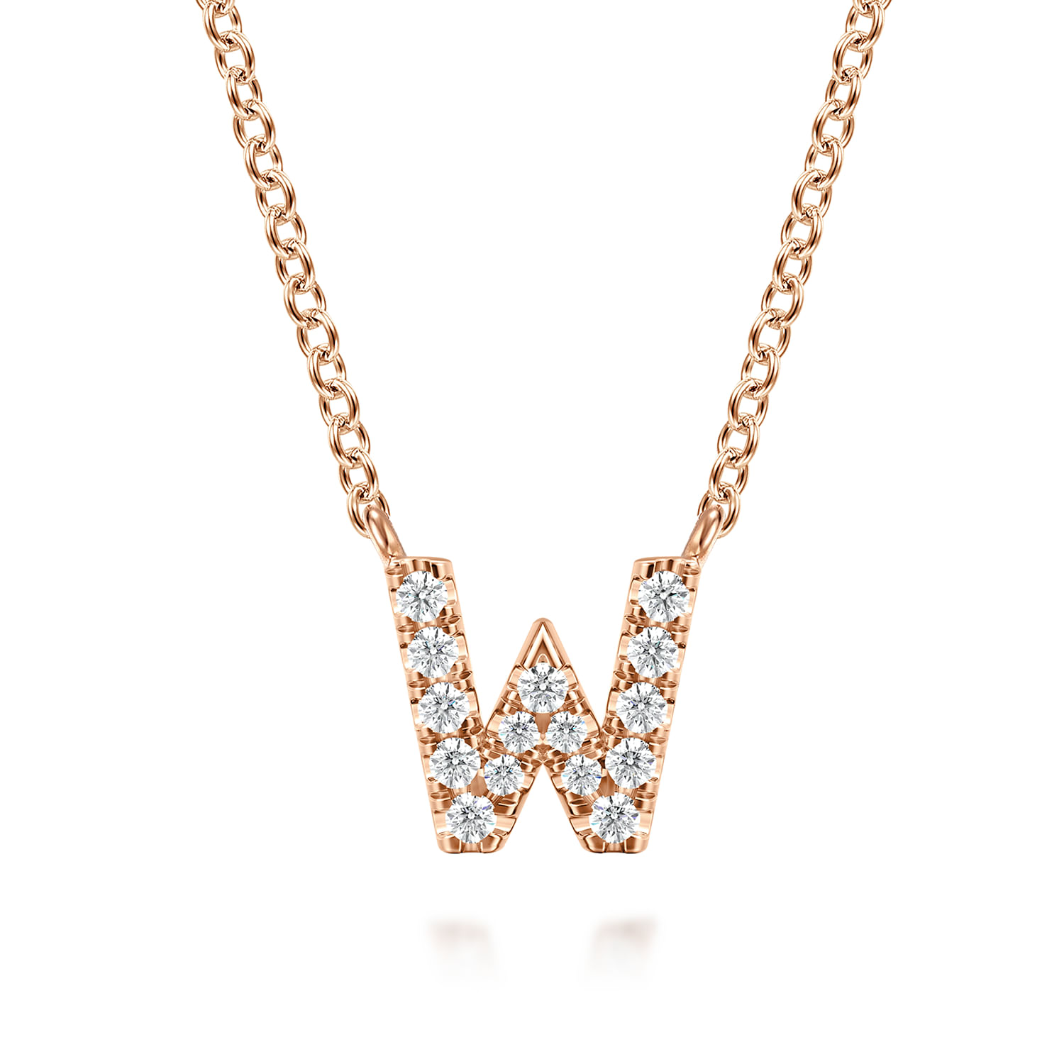 14K Pink Gold Diamond W Initial Pendant Necklace