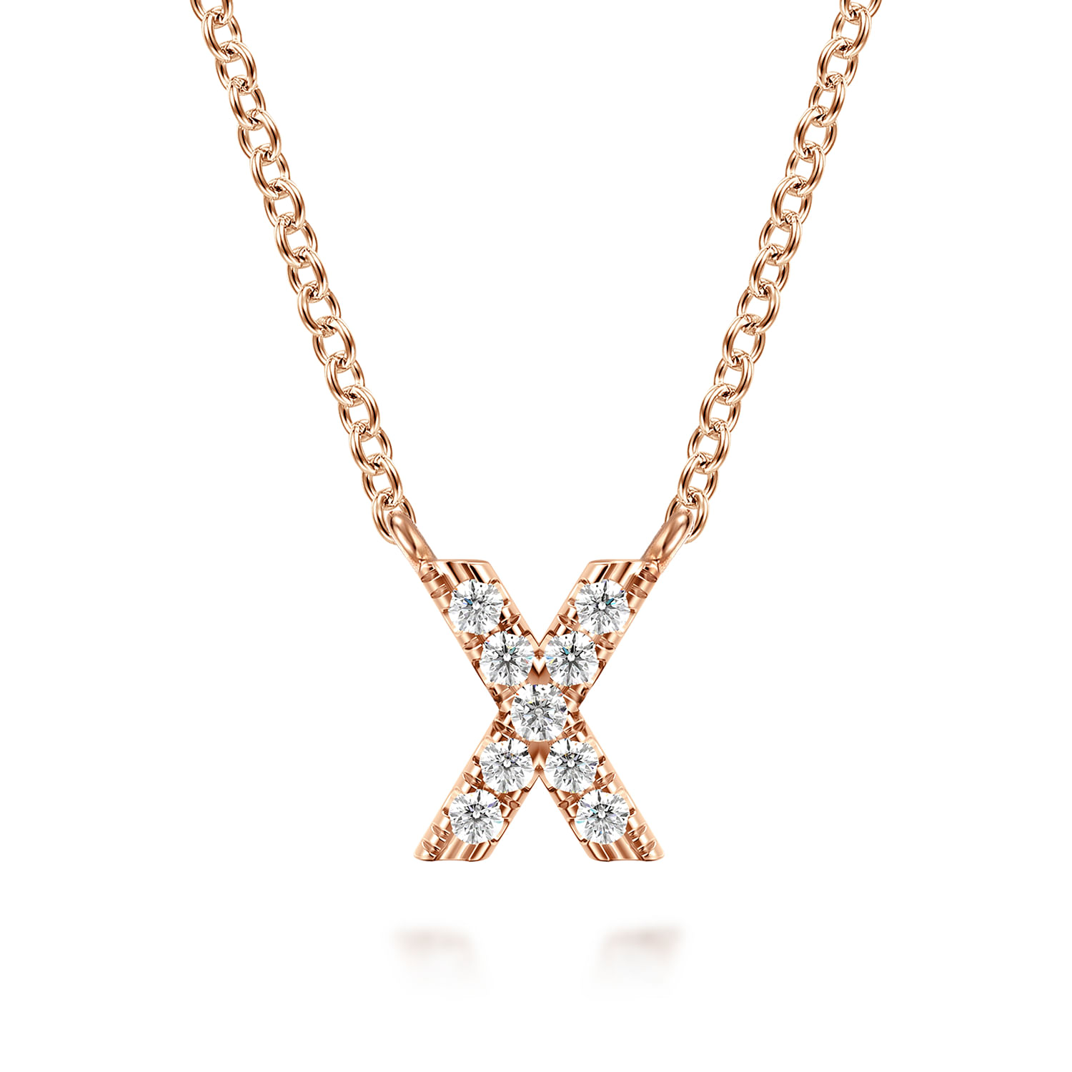 14K Pink Gold Diamond X Initial Pendant Necklace