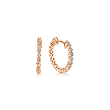 14K Rose Gold 15mm Huggie Alternating Square  Round Diamond Huggies