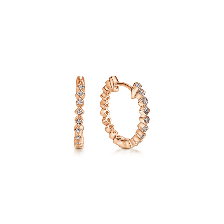 14K Rose Gold 15mm Huggie Alternating Square  Round Diamond Huggies - 0.08 ct - Shot 1